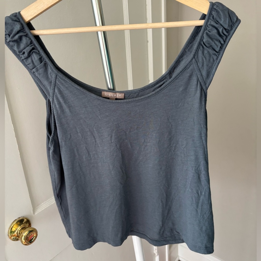 LILLA P Sleeveless Ruched Strap Tank Top - Slate Gray Sz Lg